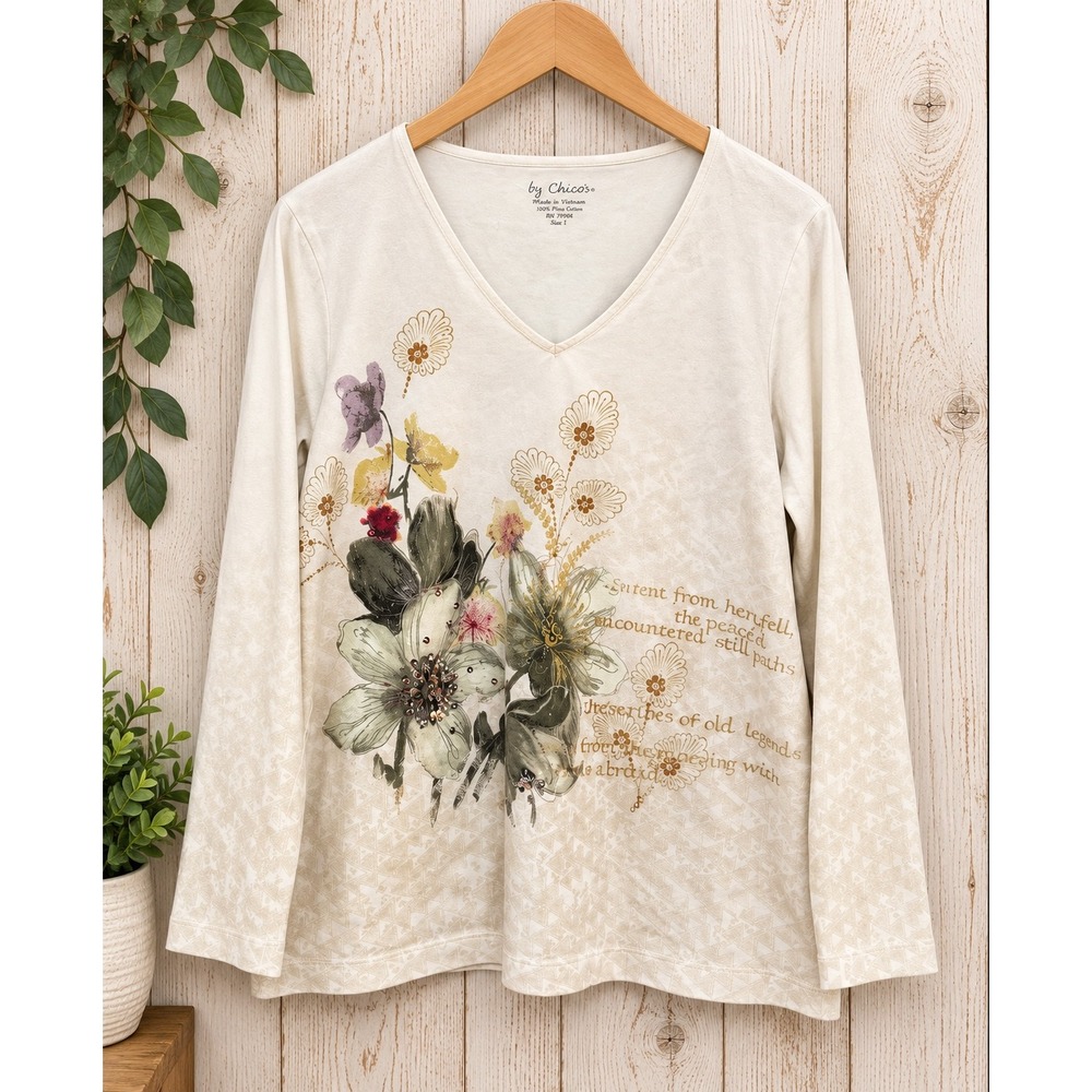 Chicos Womens Size 2 Cream Floral Script V-Neck Long Sleeve Embellished Top